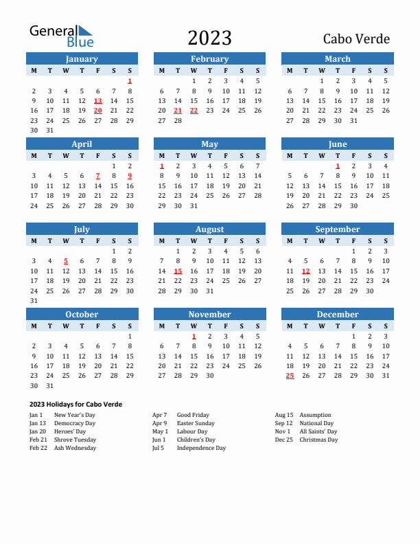 Printable Calendar 2023 with Cabo Verde Holidays (Monday Start)
