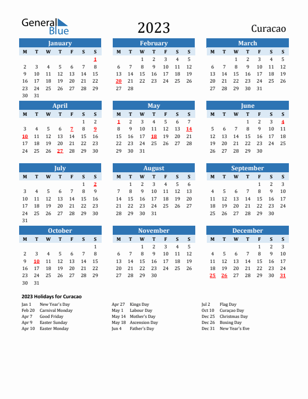 Printable Calendar 2023 with Curacao Holidays (Monday Start)