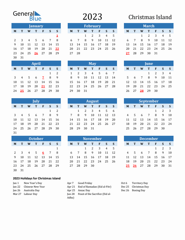 Printable Calendar 2023 with Christmas Island Holidays (Monday Start)