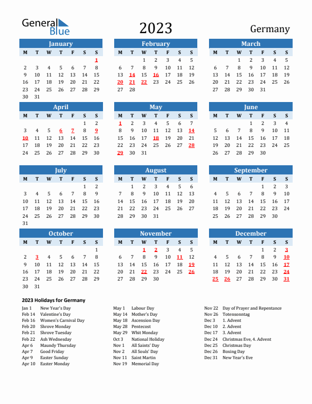 Printable Calendar 2023 with Germany Holidays (Monday Start)