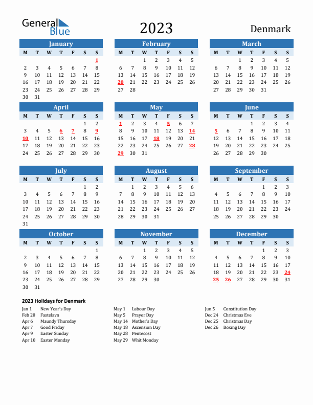 Printable Calendar 2023 with Denmark Holidays (Monday Start)