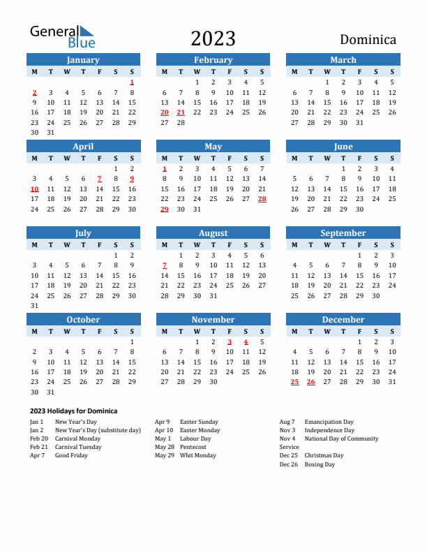 Printable Calendar 2023 with Dominica Holidays (Monday Start)