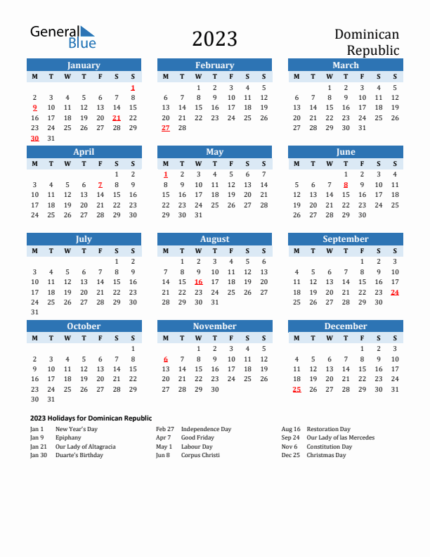 Printable Calendar 2023 with Dominican Republic Holidays (Monday Start)