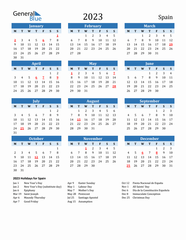 Printable Calendar 2023 with Spain Holidays (Monday Start)