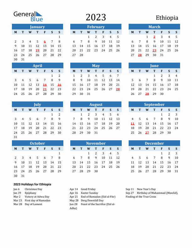 Printable Calendar 2023 with Ethiopia Holidays (Monday Start)