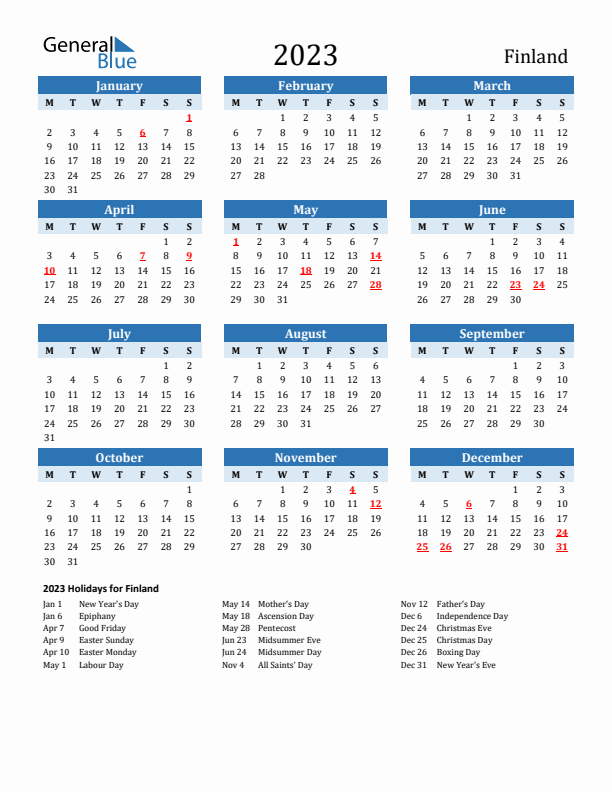 Printable Calendar 2023 with Finland Holidays (Monday Start)