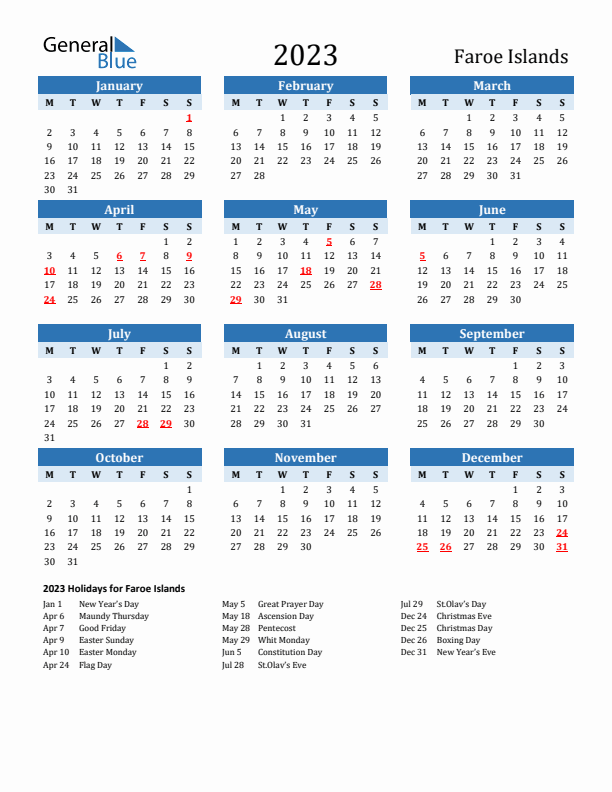 Printable Calendar 2023 with Faroe Islands Holidays (Monday Start)