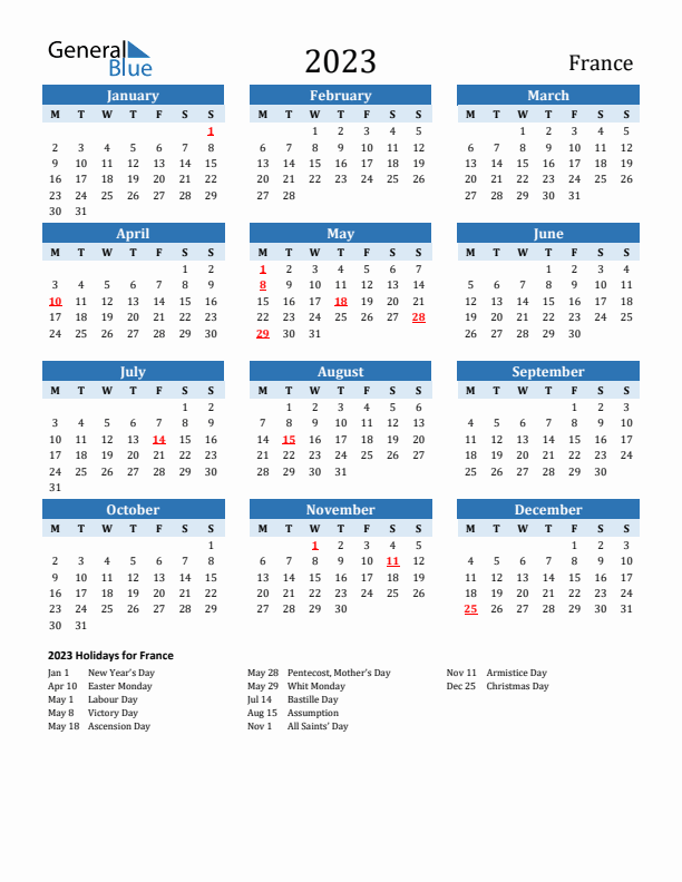 Printable Calendar 2023 with France Holidays (Monday Start)
