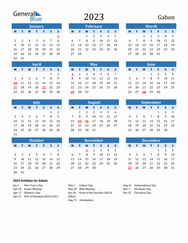 Printable Calendar 2023 with Gabon Holidays (Monday Start)
