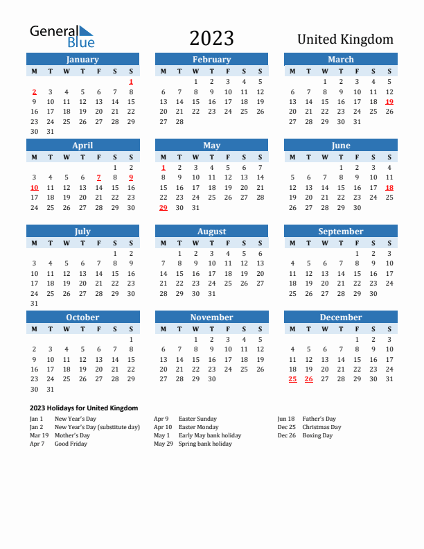 Printable Calendar 2023 with United Kingdom Holidays (Monday Start)