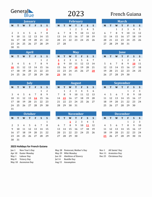 Printable Calendar 2023 with French Guiana Holidays (Monday Start)