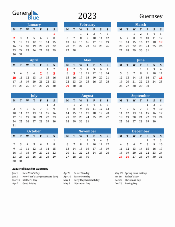 Printable Calendar 2023 with Guernsey Holidays (Monday Start)