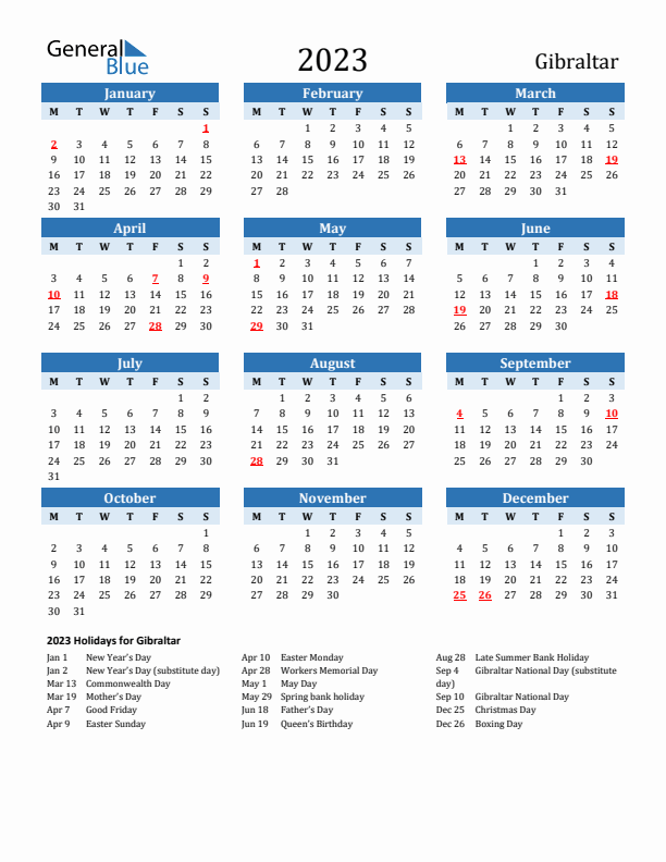Printable Calendar 2023 with Gibraltar Holidays (Monday Start)