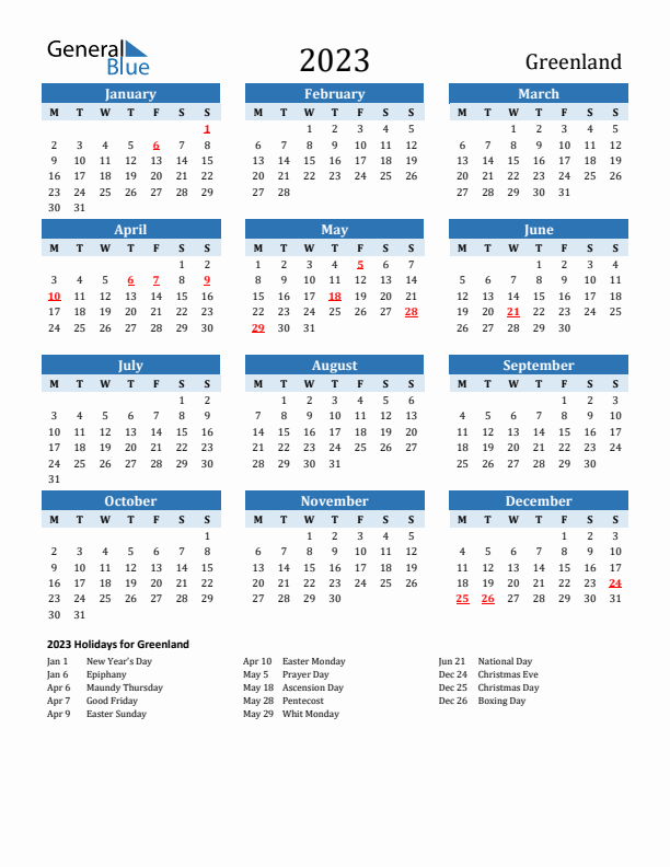 Printable Calendar 2023 with Greenland Holidays (Monday Start)