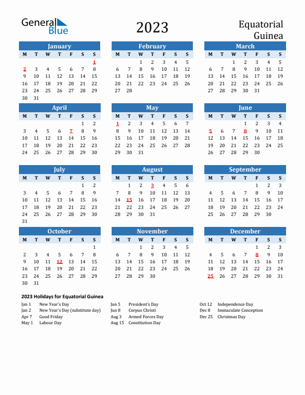 Printable Calendar 2023 with Equatorial Guinea Holidays (Monday Start)