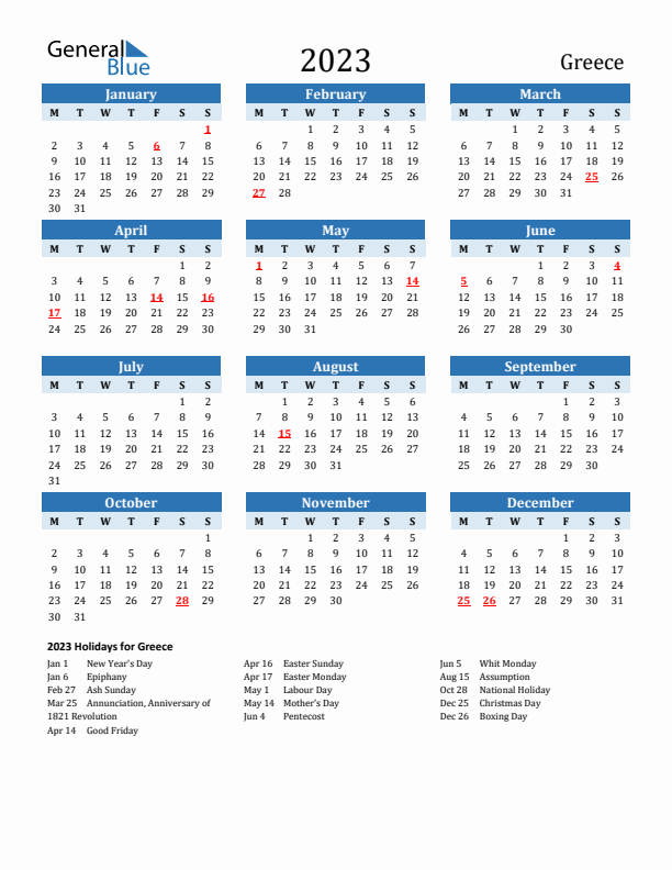 Printable Calendar 2023 with Greece Holidays (Monday Start)