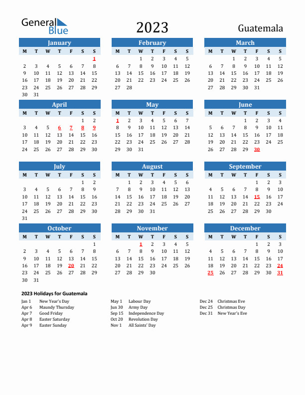 Printable Calendar 2023 with Guatemala Holidays (Monday Start)