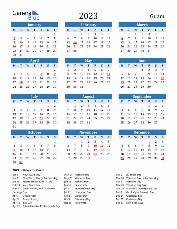 Printable Calendar 2023 with Guam Holidays (Monday Start)