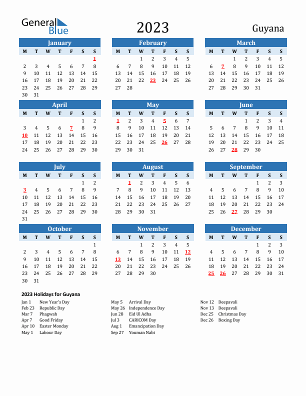 Printable Calendar 2023 with Guyana Holidays (Monday Start)