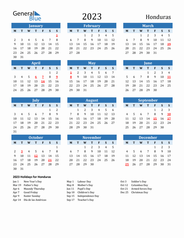 Printable Calendar 2023 with Honduras Holidays (Monday Start)