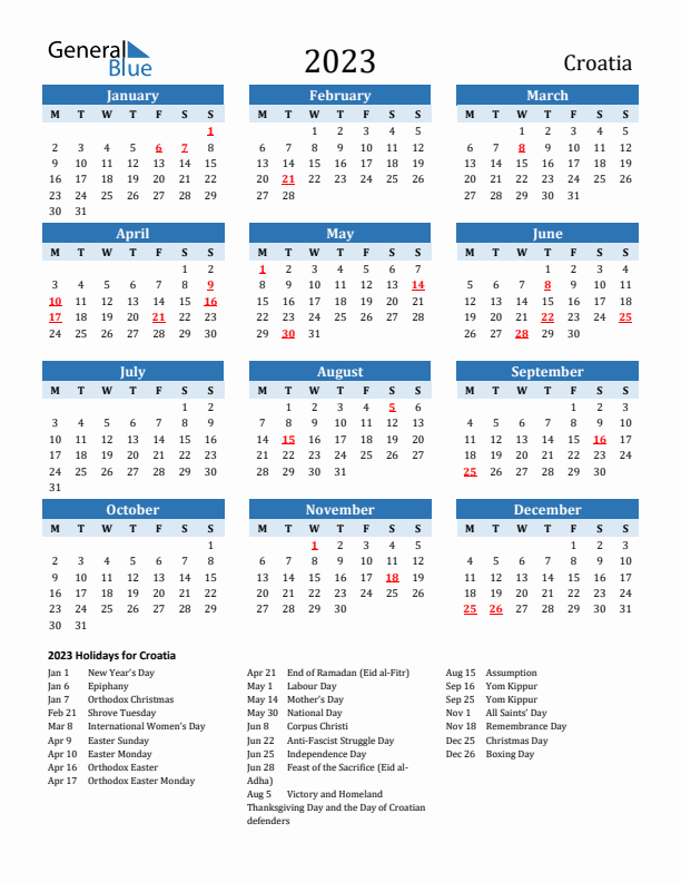 Printable Calendar 2023 with Croatia Holidays (Monday Start)