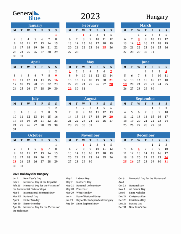 Printable Calendar 2023 with Hungary Holidays (Monday Start)