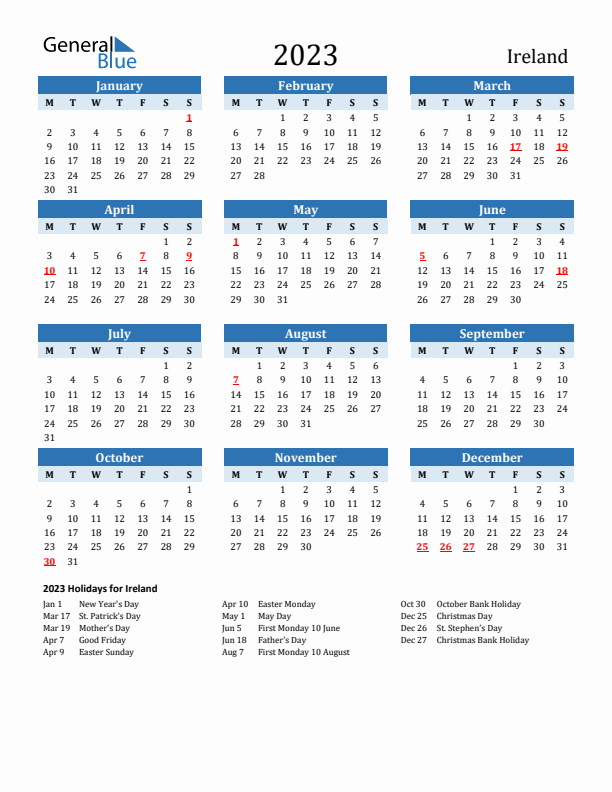 Printable Calendar 2023 with Ireland Holidays (Monday Start)