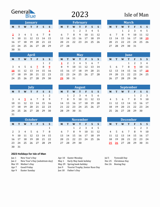 Printable Calendar 2023 with Isle of Man Holidays (Monday Start)
