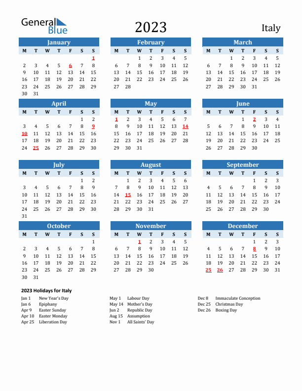 Printable Calendar 2023 with Italy Holidays (Monday Start)
