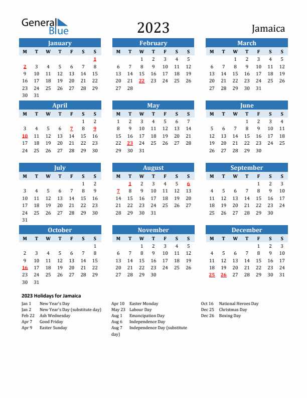Printable Calendar 2023 with Jamaica Holidays (Monday Start)