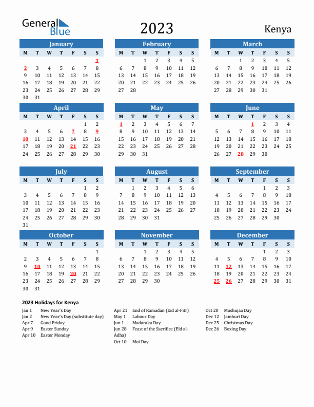 Printable Calendar 2023 with Kenya Holidays (Monday Start)