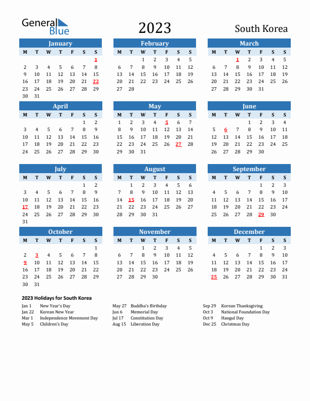 Printable Calendar 2023 with South Korea Holidays (Monday Start)