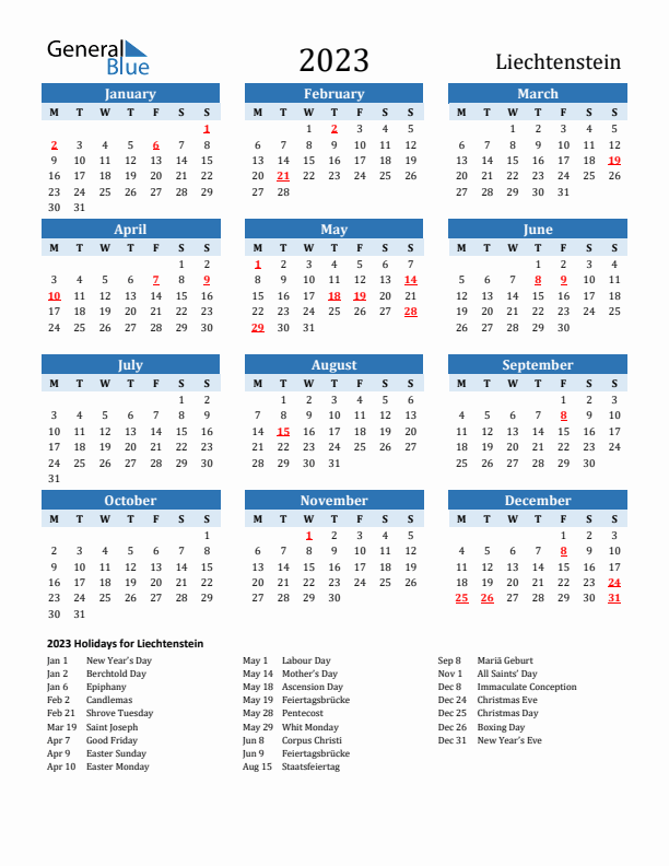 Printable Calendar 2023 with Liechtenstein Holidays (Monday Start)