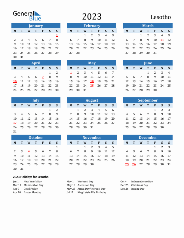 Printable Calendar 2023 with Lesotho Holidays (Monday Start)