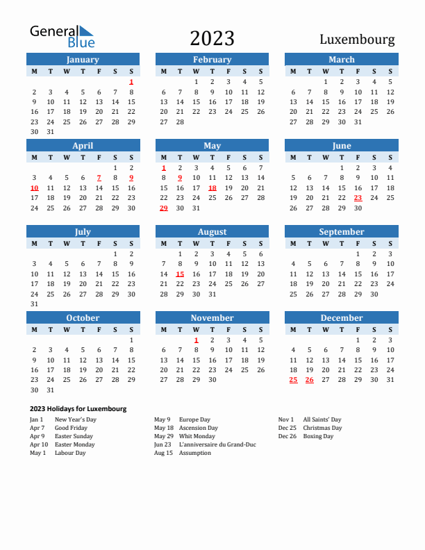 Printable Calendar 2023 with Luxembourg Holidays (Monday Start)
