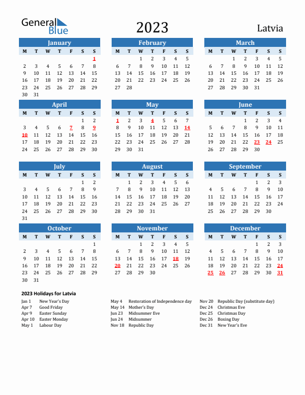 Printable Calendar 2023 with Latvia Holidays (Monday Start)