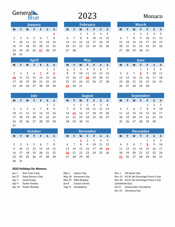 Printable Calendar 2023 with Monaco Holidays (Monday Start)