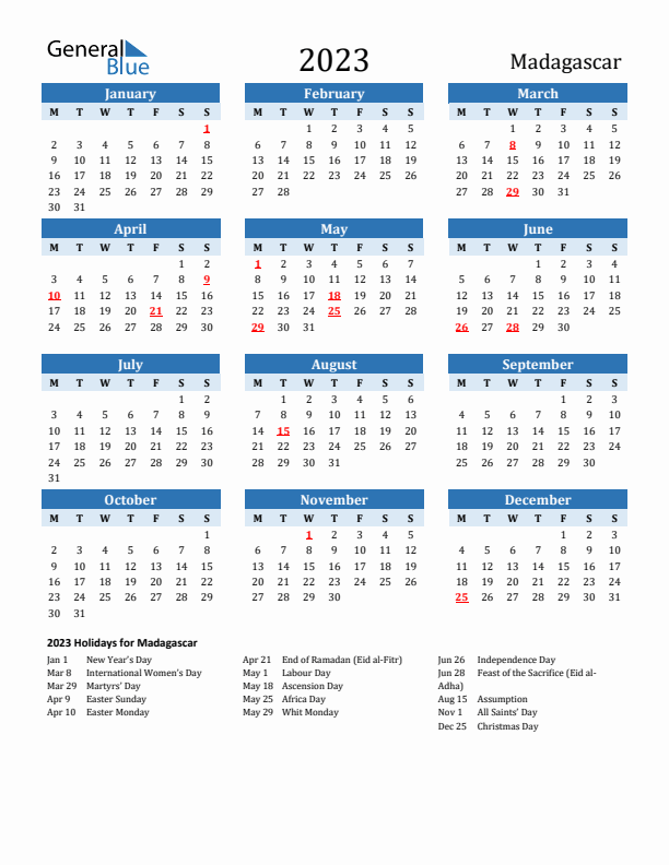 Printable Calendar 2023 with Madagascar Holidays (Monday Start)
