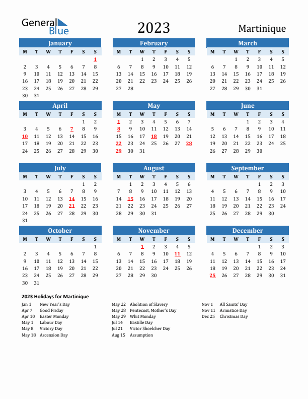 Printable Calendar 2023 with Martinique Holidays (Monday Start)