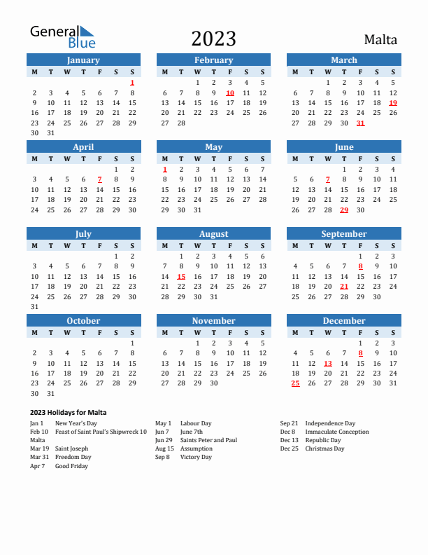 Printable Calendar 2023 with Malta Holidays (Monday Start)