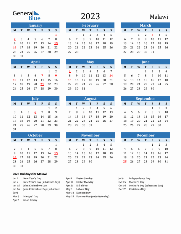 Printable Calendar 2023 with Malawi Holidays (Monday Start)