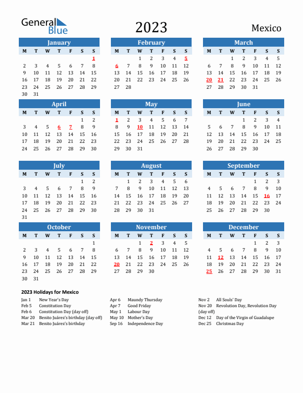Printable Calendar 2023 with Mexico Holidays (Monday Start)
