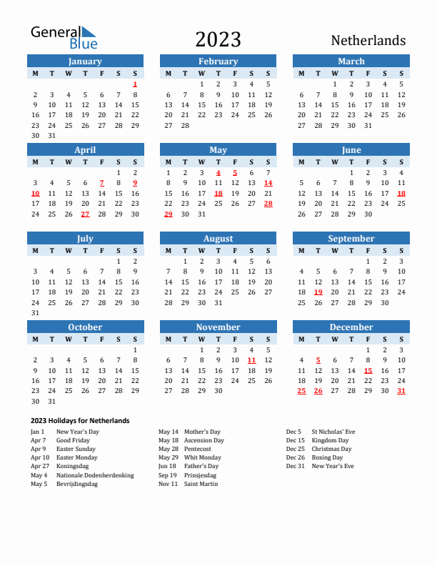 Printable Calendar 2023 with The Netherlands Holidays (Monday Start)