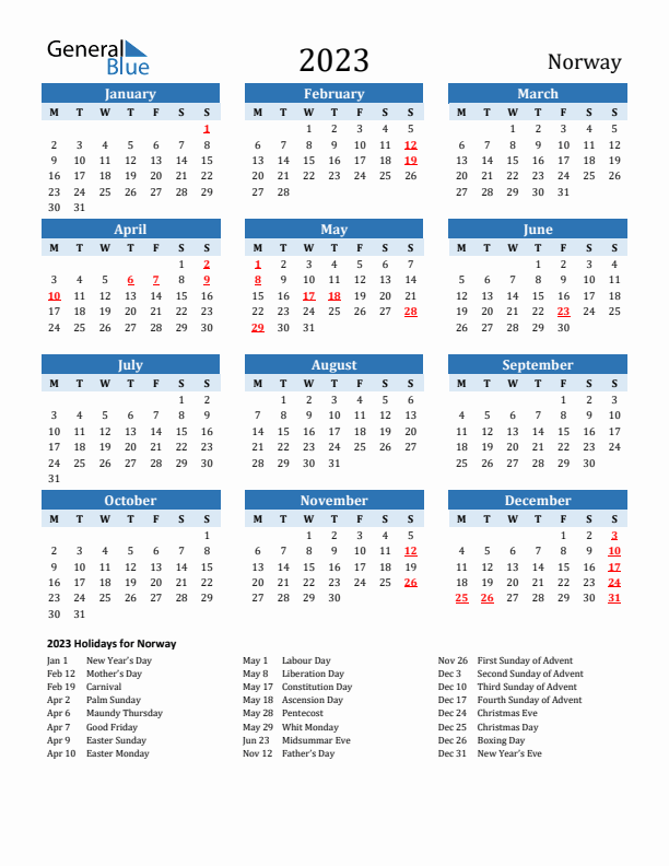 Printable Calendar 2023 with Norway Holidays (Monday Start)
