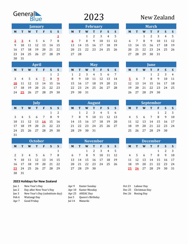 Printable Calendar 2023 with New Zealand Holidays (Monday Start)