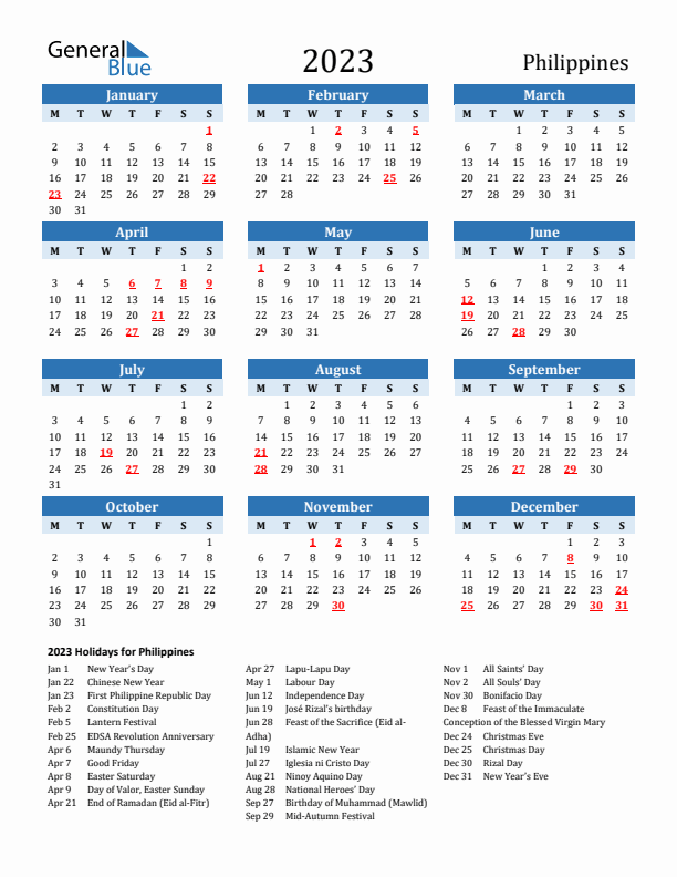 Printable Calendar 2023 with Philippines Holidays (Monday Start)