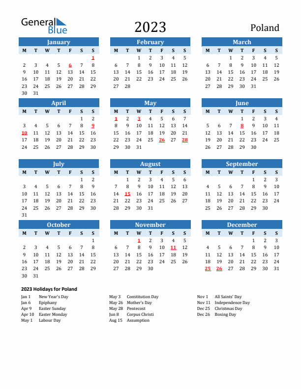 Printable Calendar 2023 with Poland Holidays (Monday Start)