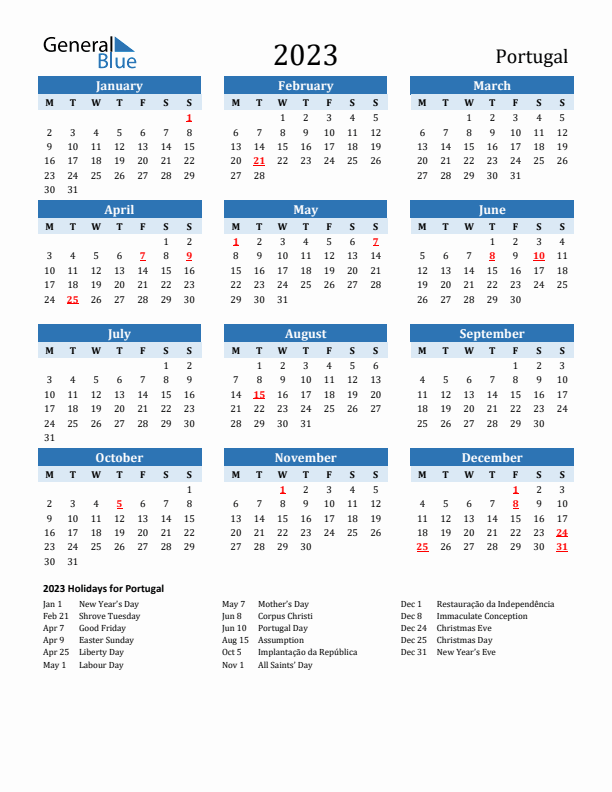 Printable Calendar 2023 with Portugal Holidays (Monday Start)