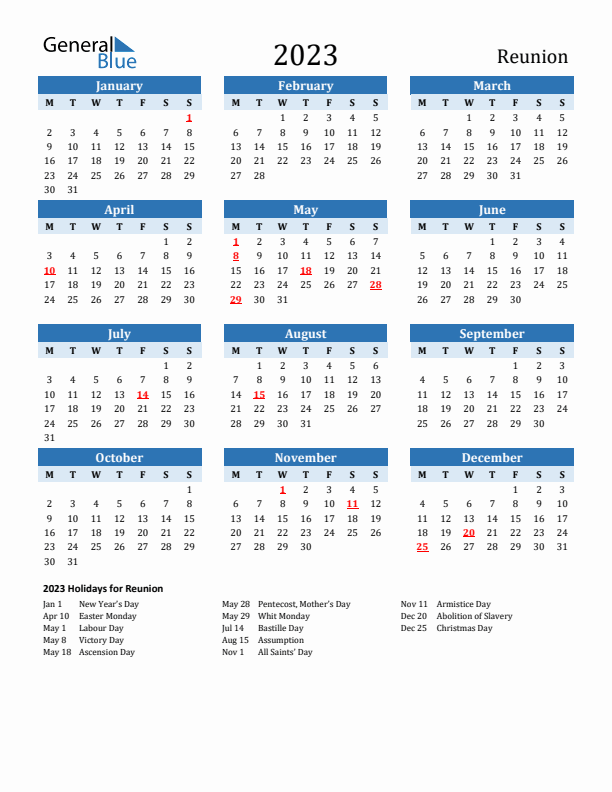 Printable Calendar 2023 with Reunion Holidays (Monday Start)