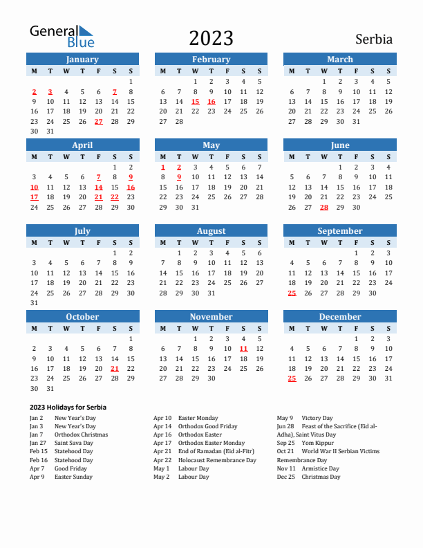 Printable Calendar 2023 with Serbia Holidays (Monday Start)